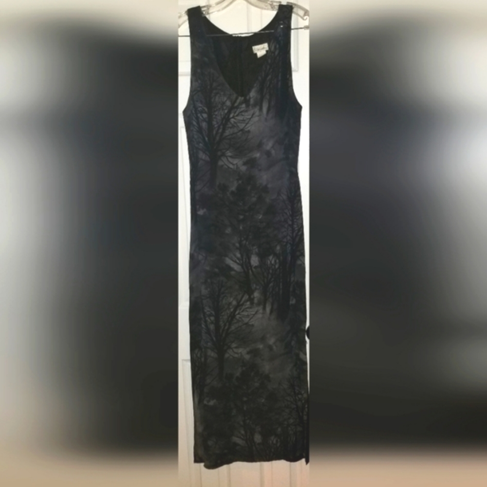 Maxi Dress in monochromatic shades of black to gray.